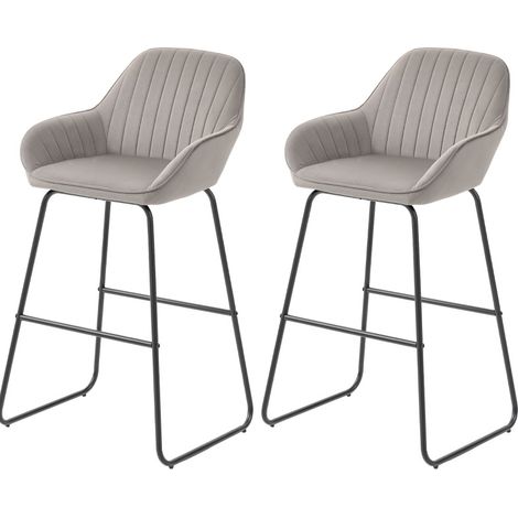 Lot de 2 tabourets de bar gris en tissu velours avec pieds métalliques et rembourrage en mousse (1/5)
