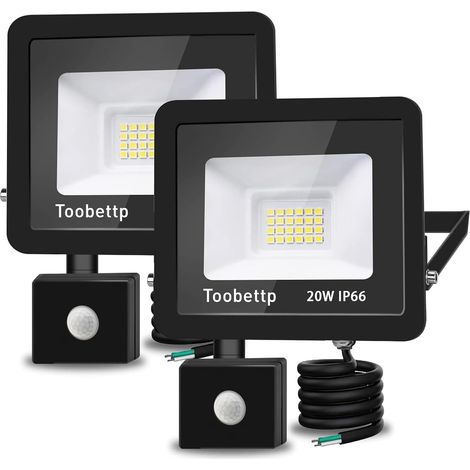 Projecteur LED Exterieur Detecteur de Mouvement 20W 2000LM 6000K, 2PCS Blanc Froid, Trois Modes de Réglage Temps/Sens/Lux, IP66 Étanche, Angle 120°, Spot LED Extérieur pour Jardin Garage Patio (1/5)