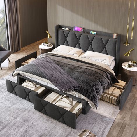 Letto imbottito moderno 140x200 cm in tessuto effetto lino grigio con testiera trapuntata, prese USB e 4 cassetti (1/5)