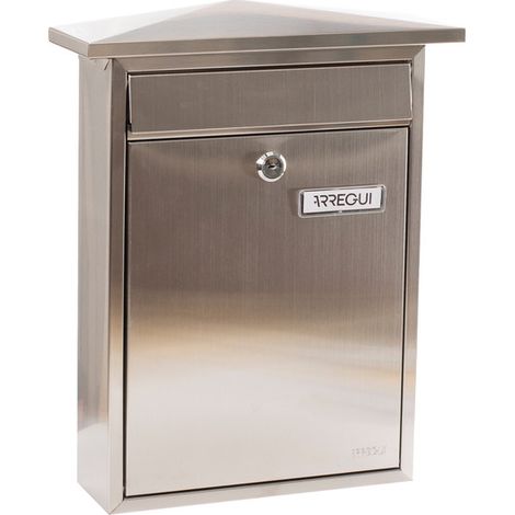 ARREGUI Home E5717 Briefkasten aus Edelstahl, Größe M (DIN A4 Post), Wandbriefkasten für den Außenbereich mit Namensschild, Einwurfklappe und Schutzdach, Schmaler Postkasten, Edelstahl