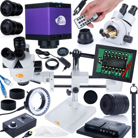 Microscopio estereosc贸pico trinocular Rosfix con montura de p贸rtico Jupiter Pro MSJP-T-SDMS1 + pantalla de 8 pulgadas + iluminador LED de 56x + soporte para pantalla + c谩mara Tucana PRO