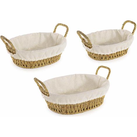 Cestini in corda dorata intrecciata con manici e rivestimento in stoffa. Tessuto sfoderabile e con filamenti dorati, Grande: cm 29 x 23 x 9 H