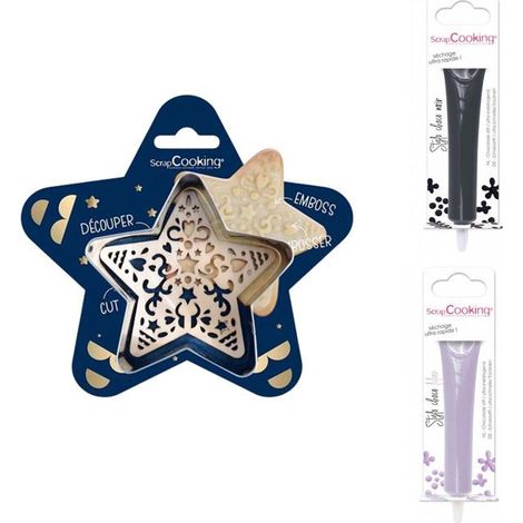 Kit pour biscuit en relief Étoile + 2 Stylos au chocolat noir et lilas (1/2)