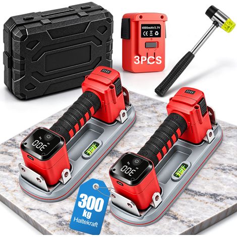 Ensemble de 2 300Kg Ventouse de Levage Électrique Lève-vitre à vide Écran LCD Poignée Antidérapante avec 3 4Ah Batteries 26cm Ventouse Pare Brise D'aspiration Fonction Decompression Une Touche pour Ve (1/5)