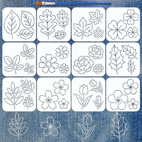12pcs Pochoirs Feuilles et Fleurs avec Pinceau 15x15cm Plantes Peinture Pochoir Thème Broderie Sashiko Modèle PET pour Bois Carrelage Mur Meuble Fabric Livre DIY (1/5)
