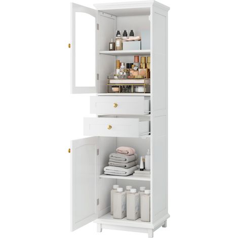 Meuble colonne de salle de bain 45 x 36 x 160 cm, blanc, portes vitrées, 2 tiroirs, étagère réglable, MDF et verre, style moderne pour salle de bain - CHICFURN (1/5)