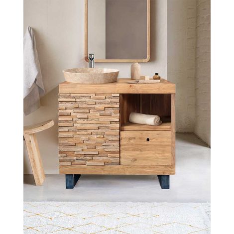 Néo - Petit meuble salle de bain en teck parqueté 80 cm (1/5)