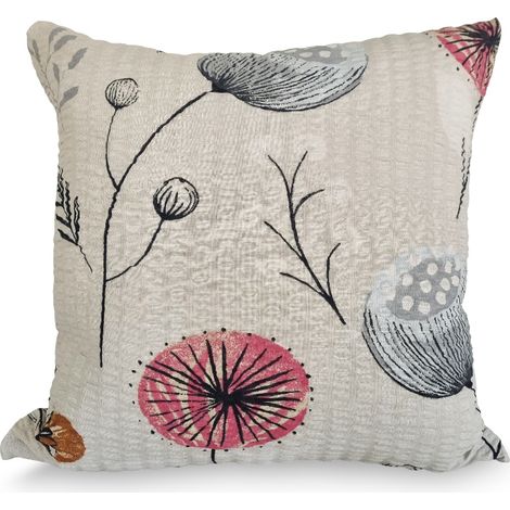 Federa per cuscino 40x40 cm in corteccia con papaveri grigi, rosa e arancioni su sfondo beige.