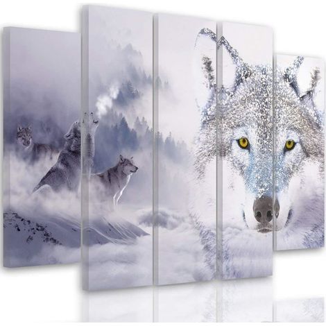 Quadri Quadro 5 pezzi Stampa su tela Wolf Fog Forest Grey - 200x100 (1/5)