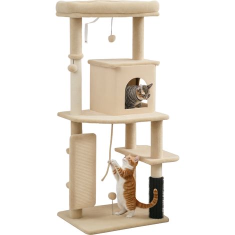 Katzenbaum mit Spielbereich, 132 cm hoch, inklusive Bett, Versteck und Bürste, Maße 55 x 44 x 132 cm, beige
