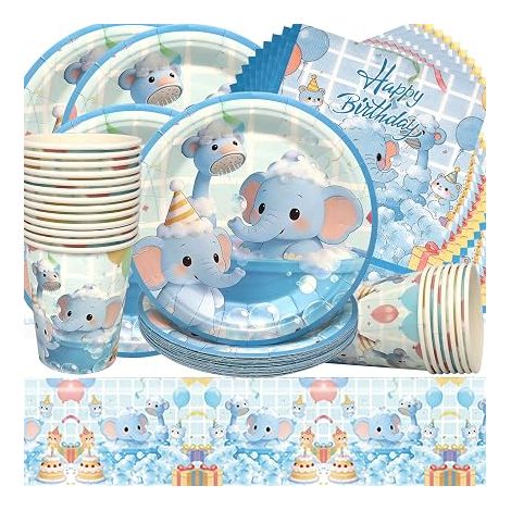 Vaisselle de Fête Éléphant Anniversaire Enfants Papier Set Assiettes en Serviettes Tasses pour Baby Shower Décorations d'Anniversaire (1/5)