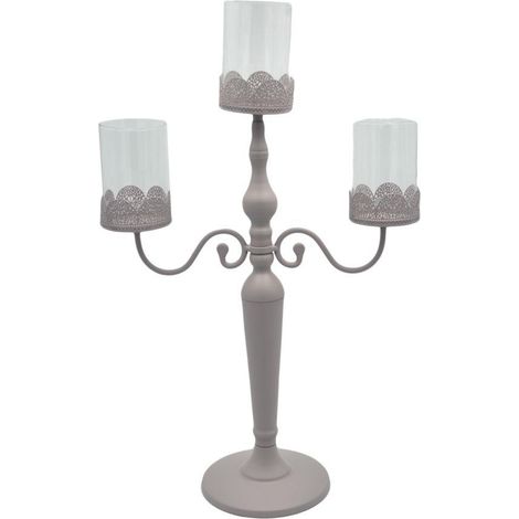 Kandelaber-Kerzenhalter aus taupefarbenem Metall3 Plätze mit Glas cm38x17h62