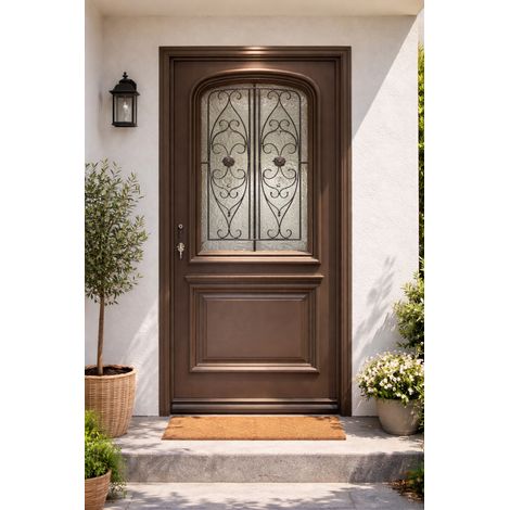 Gd Menuiseries – Porte d'entrée bois vitrée – Gris RAL 7039 – Hauteur 215 cm – Largeur 90 cm – Ouverture droite – Pour usage extérieur - H215Xl90 (1/5)