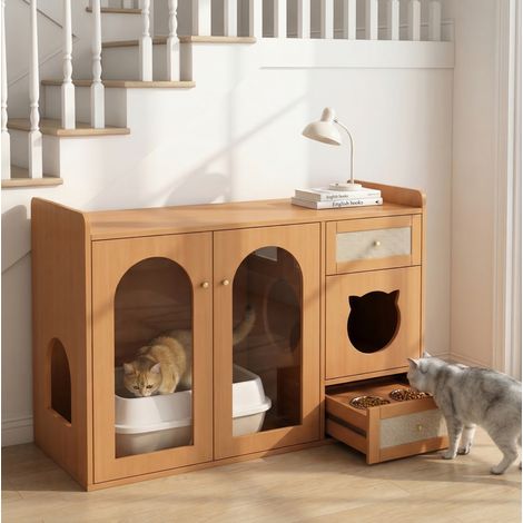 5-in-1 Katzenklo-Schrank mit Futterplatz und Stauraum, 120 x 45 x 83 cm, Nussbaum HAVRYA (1/5)