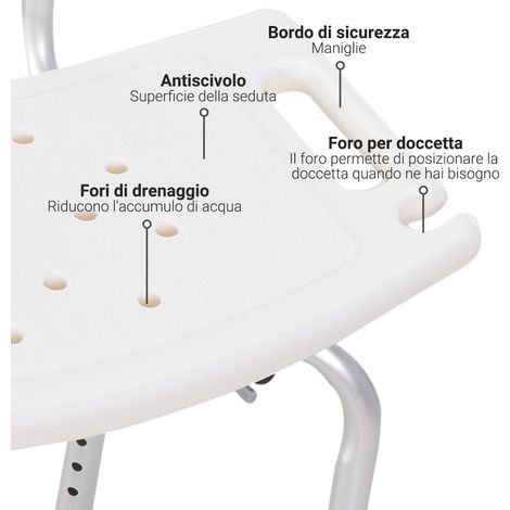 Siège de bain réglable Ausilio, dossier antidérapant, chaise de douche pour baignoire, hauteur ajustable 8 positions. (1/5)