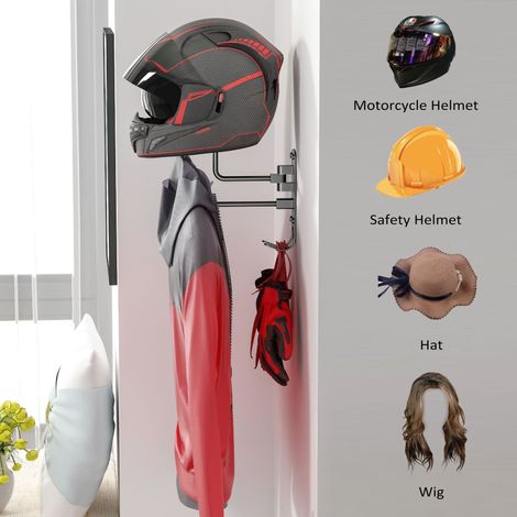 Support de casque de moto, support mural rotation 180 degrés crochet avec 2 crochets pour manteaux, casquettes, chapeaux, accessoires (1/5)
