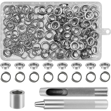 120 Set Kit de Grommets Eyelets Outils, Intérieur 8/10/12mm Metal Ensembles Oeillet, Grommet Kit avec 3 Pièces Outil, Oeillets pour Bâche, Toile Bâche Tentes de Réparation Argent (10mm) (1/5)