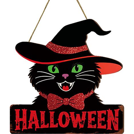 Panneau Porte Halloween - Décoration Murale en Bois avec Motif Chat - Pour Entrée Extérieure Intérieure Patio Véranda - 30 x 30 cm - 1 Pièce (1/5)