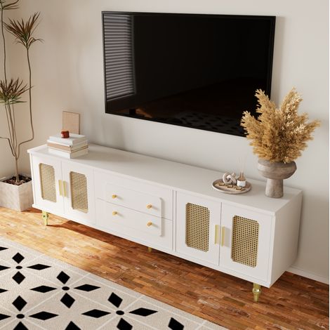 Mueble TV de 175 x 38 x 55,5 cm en tablero de partículas blanco, con cuatro puertas de resina trenzada, cajones push-to-open y patas doradas CHICFURN (1/5)