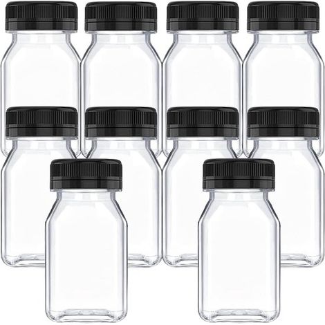 Bottiglie per succhi, 10 pezzi, bottiglie per bevande in PET trasparente, mini bottiglie per succhi riutilizzabili, bottiglie per latte in plastica con tappi, ricaricabili per frappè (1/5)