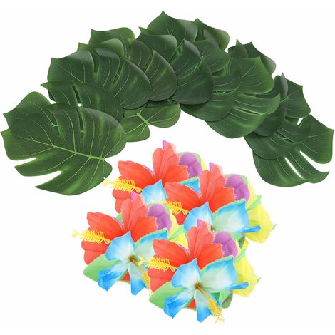 Lot de 54 fleurs tropicales hawaïennes en soie à feuilles vertes pour décorations de fêtes d'été (1/4)