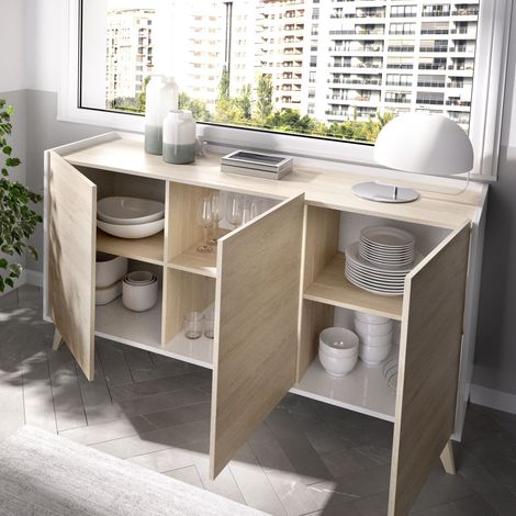 Abitare – Buffet 155 cm blanc mat et chêne naturel – 3 portes avec étagères internes – Design nordique pour rangement élégant
