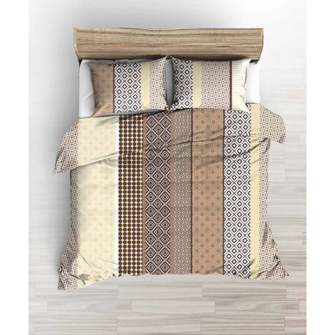 Parure de lit 160x200 cm beige, marron, crème, rayures verticales, motif losanges géométrique (1/2)