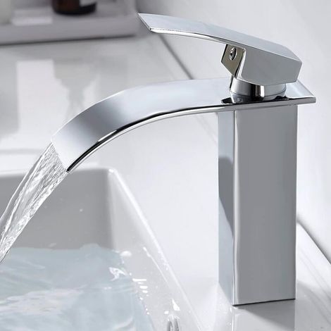 Robinet Salle de Bain Moderne Cascade,Mitigeur Lavabo Élégant en Laiton,Eau Chaude et Froide,Robinetterie Chromée (1/5)