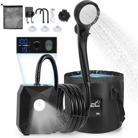 Douche de Camping Portable – 6000mAh Pompe de Douche D'extérieur avec 4 D'éclairage, IPX8, 5 Jets – Kit de Pompe Rechargeable avec Seau Pliable de 20 L pour Plage, Rando, Animaux et Voiture (1/5)