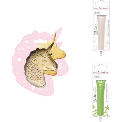 Kit pour biscuit en relief Licorne + 2 Stylos au chocolat blanc et vert clair