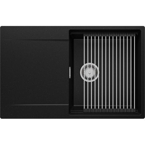 PRIMAGRAN Evier Cuisine en Granit 78x50cm, Lavabo 1 bac + Kit de Vidage + Accessoire, Évier à Encastrer au meuble 50cm - San Francisco, Noir Métallisé (1/5)
