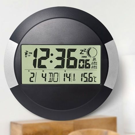 Horloge murale silencieuse sans pile visible – Format 24h, calendrier, thermomètre intégré, plastique noir, pour mur ou bureau (1/4)