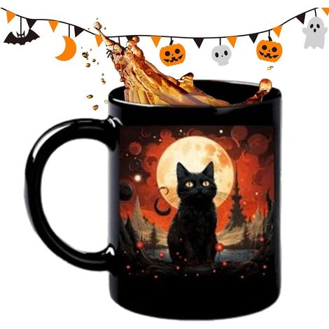 Schwarze Katze Kaffeebecher Keramik Gruselig Spülmaschinenfest Mitternachtsschwarze Katzenteetasse für Home Office Studentenwohnheim Studium Feiertag Geburtstag Party Haustierlie (1/5)