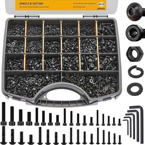 Coffret de visserie 4005 pièces – Assortiment de vis BTR/CHC à six pans creux DIN 912 et ISO 7380, vis en acier au carbone classe 12.9 avec écrous, rondelles et clés Allen, finition noircie