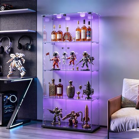 JOOKGBD-Glasvitrine,2 Tür vitrinenschrank 4 Regalen transparent, mit Schloss und LED,Sammlerstücke Glasvitrine,Bücherregal aus Glas,Vertikale Glasvitrine,für Wohnzimmer Schlafzimmer Büro,Schwarz