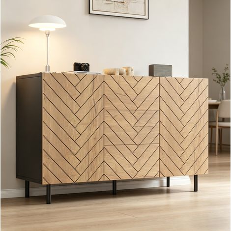 MODFU – Credenza contenitore 120x40x76 cm in pannelli con 3 cassetti, 2 armadietti, cerniere ammortizzate, portata 40 kg e 2 colli – Legno naturale e nero (1/5)