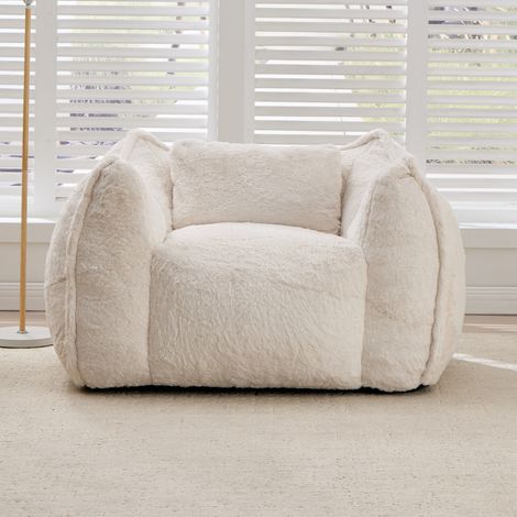 Pouf géant avec coussin, grand pouf confortable pour adultes et enfants, canapé de sol en fausse fourrure pour salon, chambre ou appartement, beige (1/4)