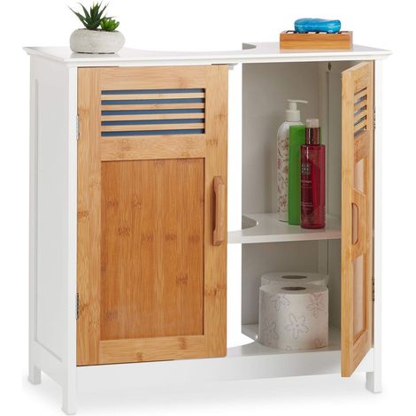 Meuble Dessous Lavabo, Portes Bambou, Tablette Réglable Hauteur, Encoche Siphon, 60x60x30 cm, Nature/Blanc, Natur-weiß, 60 x 60 x 30 cm (1/5)