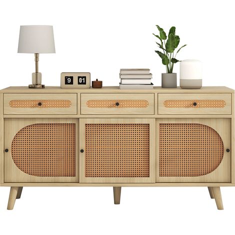 Sideboard, Kommode mit PE-Kunststoff-Rattantür und verstellbaren Einlegeböden, 3 Schubladen, 3 Schiebetüren, 140X40X78cm (1/5)
