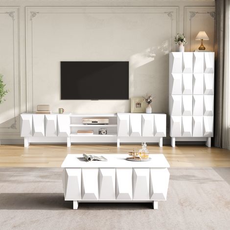 Conjunto de muebles de salón - mueble tv 180cm aparador y mesa de centro - diseño geométrico 3d moderno en pb - blanco (1/5)