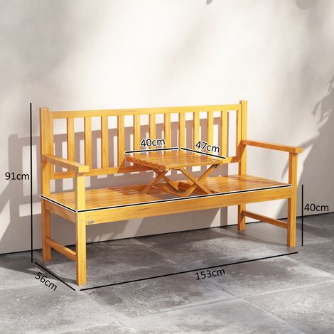 Banc de jardin avec table centrale et accoudoirs relevables, en bois, 153x56x91cm, marron clair. (1/5)