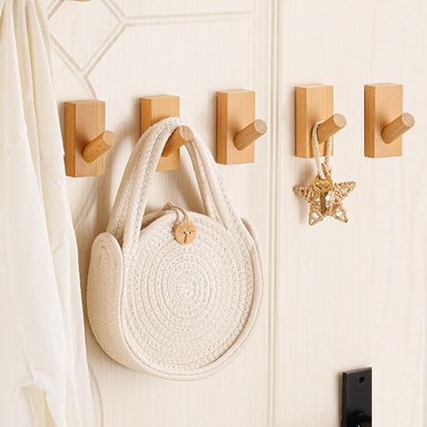 Ganchos de pared de madera de haya de 5 piezas, adhesivos, superficie pulida a mano, no requieren taladrar, decoración de pared (1/5)