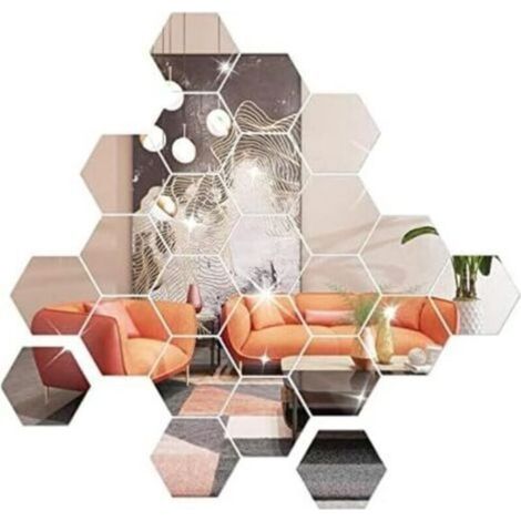 Lot de 36 miroirs autocollants muraux hexagonaux en acrylique pour décoration de salon, chambre à coucher (Argent) (1/4)