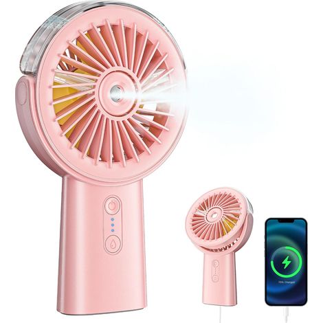 Ventilateur Portable Brumisateur, Mini Ventilateur Batterie USB Rechargeable 4000mAh, Petit Ventilateurs Silencieux Fan avec 4 Vitesses, Ventilo a Main pour Voyage, Extérieur, Rose (1/5)