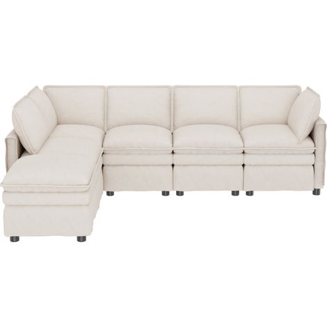 Sofá modular XXL de chenilla beige con chaise longue móvil, 6 plazas (1/5)