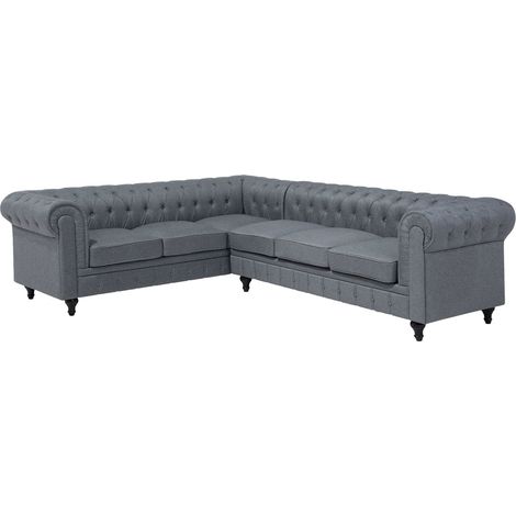 Beliani – Canapé d'angle droit en tissu gris – Housse amovible – Large assise pour 6 personnes – Style Chesterfield – Dimensions 280x85cm (1/5)