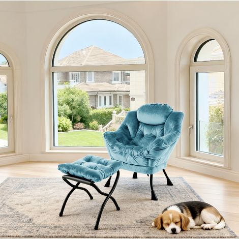 Poltrona relax con poggiapiedi 70x77x20 cm blu in tessuto e metallo con tasca laterale (1/5)