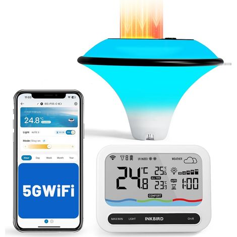 Inkbird Thermomètre Piscine WiFi Solaire avec Lumières Multicolores Étanche IP68, Contrôle App, Moniteur Multifonction, 3 Modes Auto-On, Alarme Intelligente, Spa Bassin Aquarium
