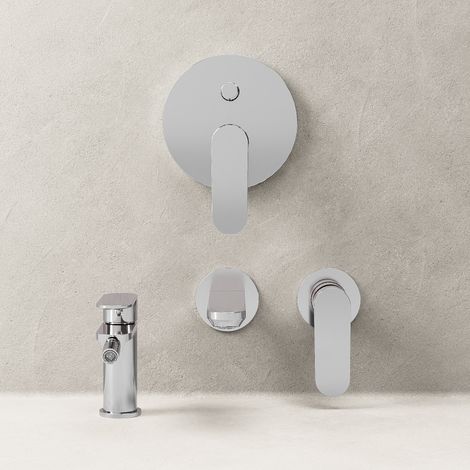 Set Miscelatori Lavabo a Parete Bidet e Doccia c/Deviatore Con Piletta Click Clack Cromo - Neptune (1/4)