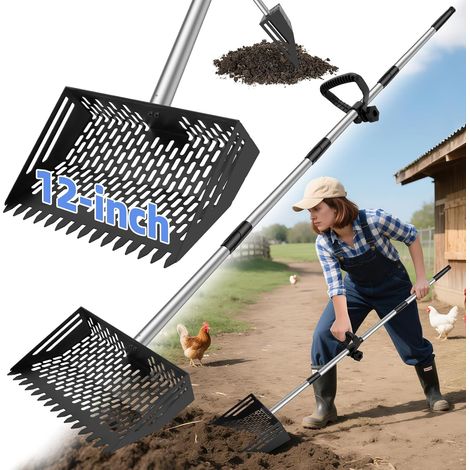 Paletta e rastrello 2 in 1 per letame, 30 cm (da 23 a 62 pollici), paletta per letame da pollaio con manico in acciaio inox da 102 cm, per ricoveri di animali, paletta per rifiuti con manico ergonomic
